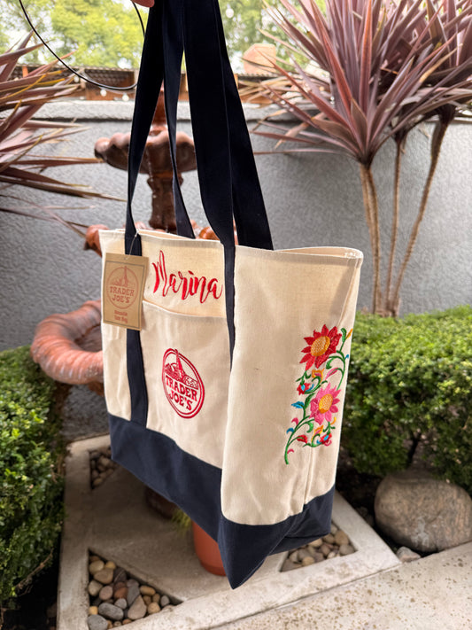 El Mandado Floral Embroidered Tote with custom name